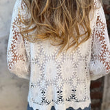 White lace cardigan back with open floral crochet and long sleeves