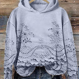 Light blue hoodie with floral embroidered eyelet lace hem and scalloped front panel