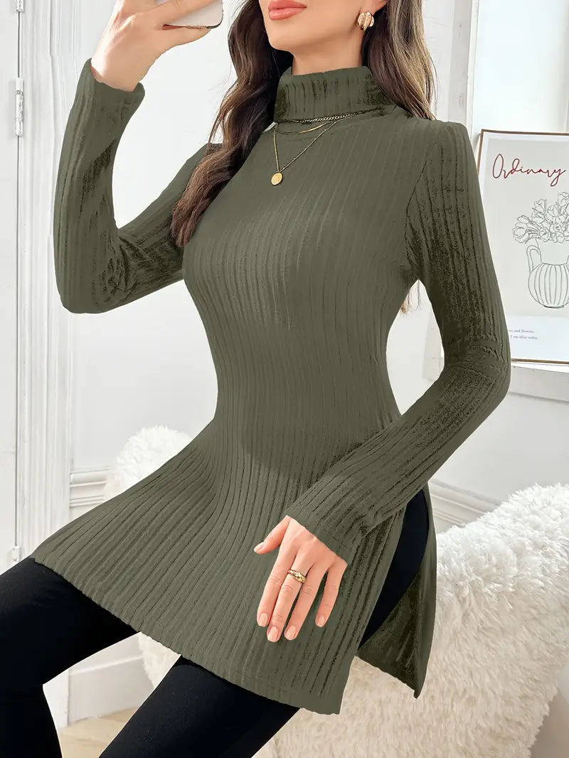 Ribbed knit turtleneck sweater, long sleeves, slim fit, olive green