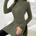 Ribbed knit turtleneck sweater, long sleeves, slim fit, olive green