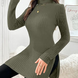 Ribbed knit turtleneck sweater, long sleeves, slim fit, olive green