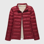 Ultralight quilted puffer jacket with stand collar, burgundy red