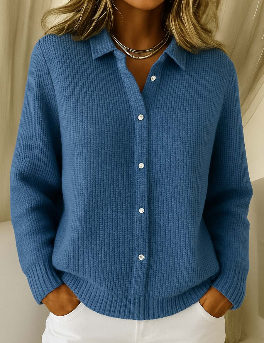 Blue button-front knit pullover sweater with collared neckline and long sleeves