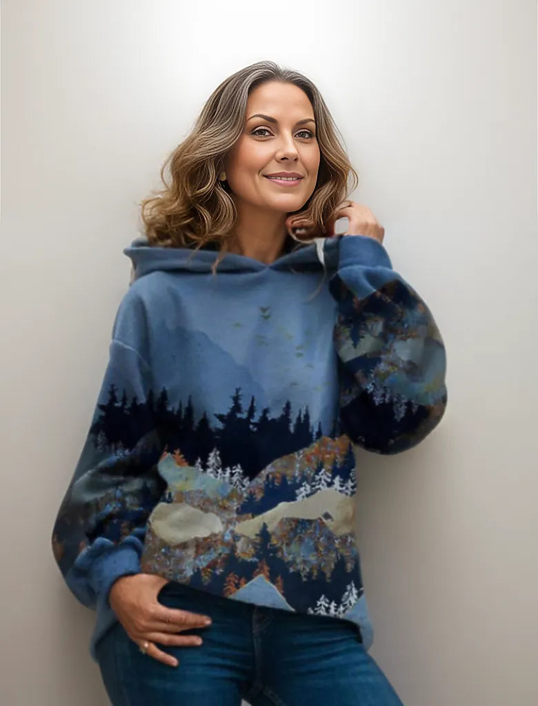 Blue hoodie with front kangaroo pocket, drawstring hood, forest landscape print