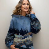 Blue hoodie with front kangaroo pocket, drawstring hood, forest landscape print