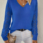 Royal blue long-sleeve V-neck knit sweater with openwork lace sleeves