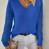 Royal blue long-sleeve V-neck knit sweater with openwork lace sleeves