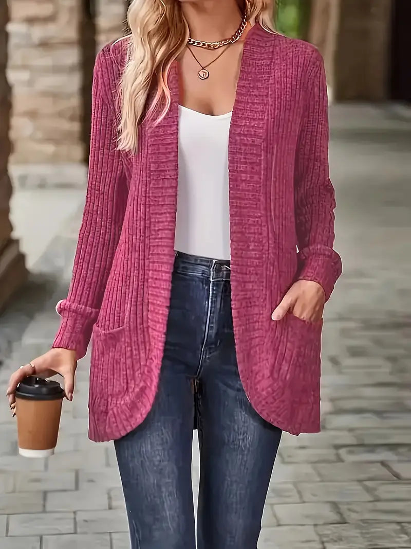 Pink rib-knit cardigan with long sleeves and open front