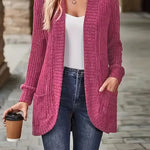 Pink rib-knit cardigan with long sleeves and open front