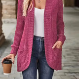 Pink rib-knit cardigan with long sleeves and open front