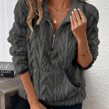 Dark gray fuzzy quarter-zip pullover with short sleeves and navy-trim accents