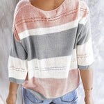 Olga™ striped pullover sweater, back scoop neck, pink and gray stripe blocks