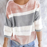 Olga™ striped pullover sweater, back scoop neck, pink and gray stripe blocks