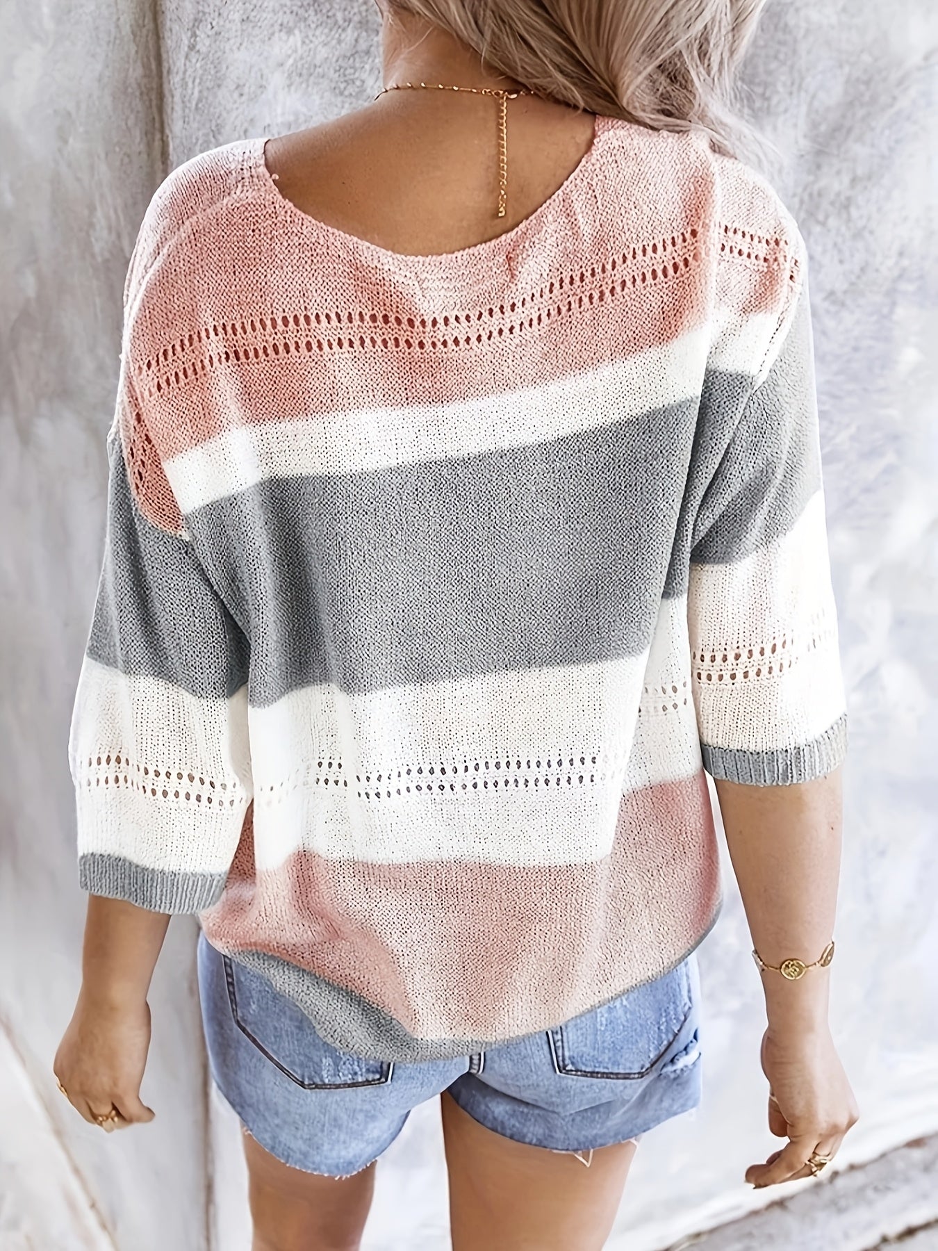 Olga™ striped pullover sweater, back scoop neck, pink and gray stripe blocks
