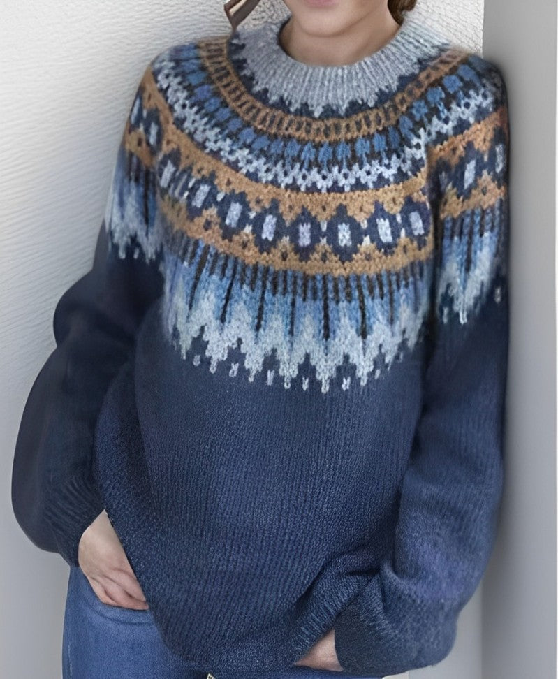 Vintage knit pullover sweater, crew neck, blue fair isle pattern with brown trim