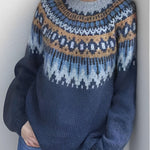 Vintage knit pullover sweater, crew neck, blue fair isle pattern with brown trim