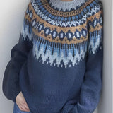 Vintage knit pullover sweater, crew neck, blue fair isle pattern with brown trim