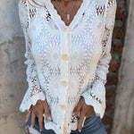 White lace cardigan with V-neck, button front, and long sleeves; scalloped openwork
