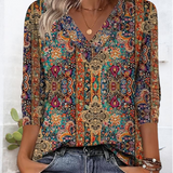 Vintage-inspirierte V-Ausschnitt Druckbluse