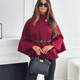 Burgundy belt jacket with button collar, wide cape sleeves, and gold-buckle waist belt