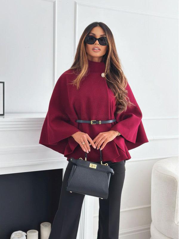 Burgundy belt jacket with button collar, wide cape sleeves, and gold-buckle waist belt