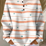 Women’s white and orange striped star pullover sweater with henley button placket