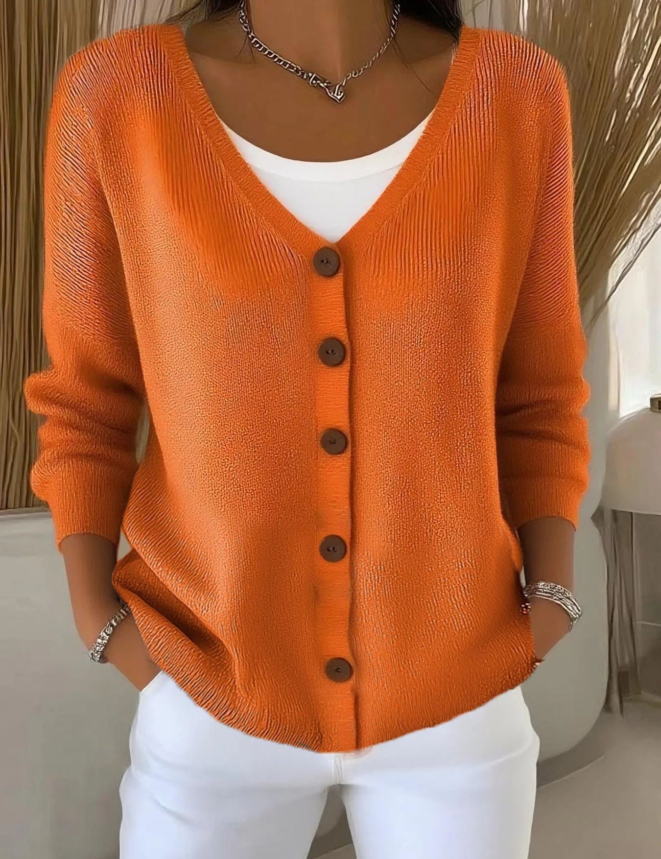 Olivia™ long-sleeve V-neck button pullover, orange knit with ribbed cuffs