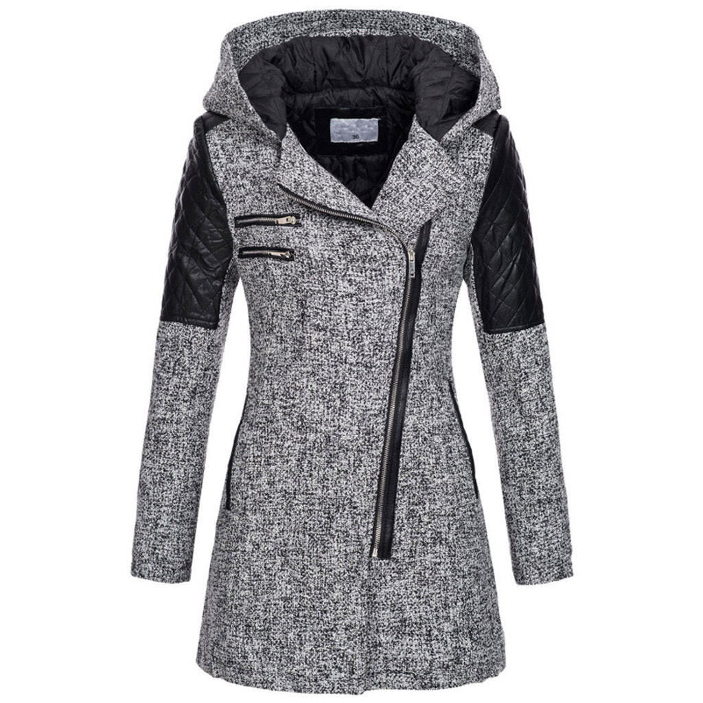 Womens winter parka coat, heather gray, faux fur-lined hood, quilted sleeve panels