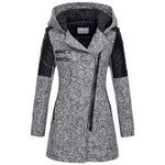 Womens winter parka coat, heather gray, faux fur-lined hood, quilted sleeve panels