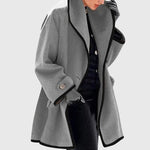 Maria™ gray fleece jacket with black trim, open front, long sleeves, button cuff