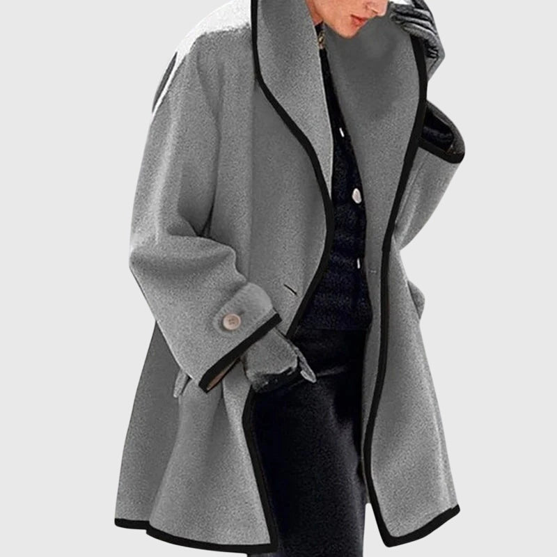 Maria™ gray fleece jacket with black trim, open front, long sleeves, button cuff