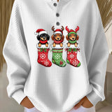 White vintage Christmas henley sweater with dog motif and festive stockings graphic