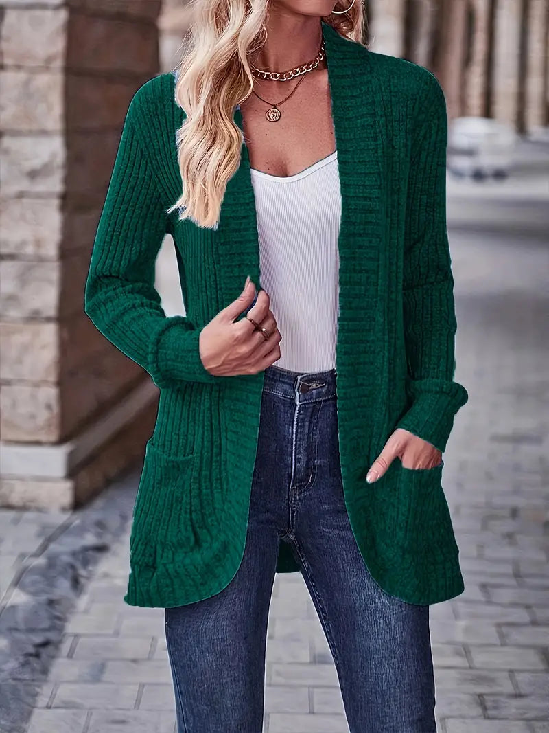 Green rib-knit cardigan with long sleeves and open front