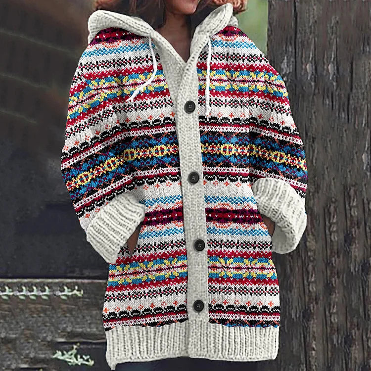 Multicolor knit cardigan with hood, button front, long sleeves, and ribbed cuffs