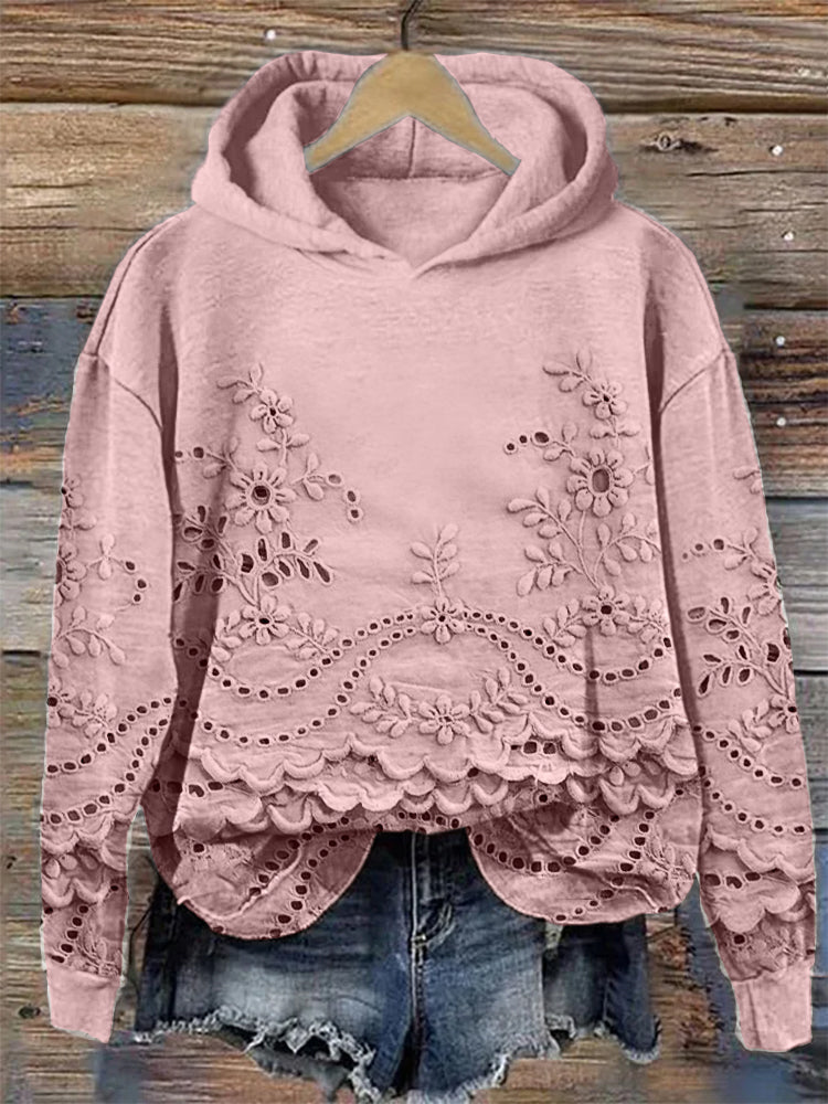 Ravella™ vintage printed hoodie in pink with floral eyelet detailing