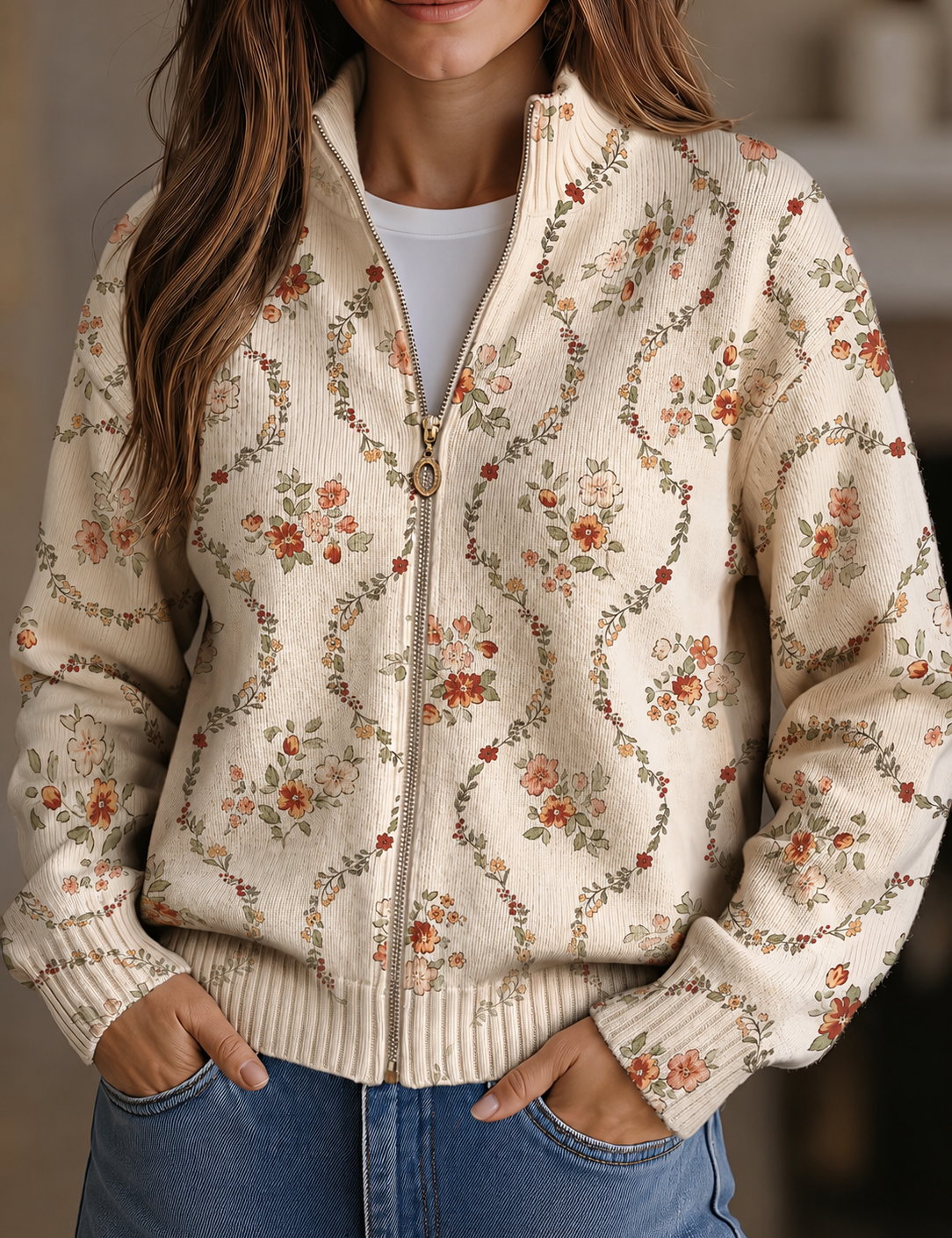 Women’s floral knit cardigan, cream with multicolor flowers, full-zip and ribbed cuffs