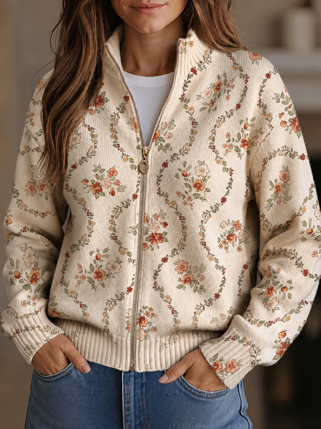 Women’s floral knit cardigan, cream with multicolor flowers, full-zip and ribbed cuffs