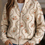 Women’s floral knit cardigan, cream with multicolor flowers, full-zip and ribbed cuffs