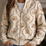 Women’s floral knit cardigan, cream with multicolor flowers, full-zip and ribbed cuffs
