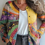 Multicolor 3D-print cardigan with open front, long sleeves, and black button closure