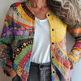 Multicolor 3D-print cardigan with open front, long sleeves, and black button closure