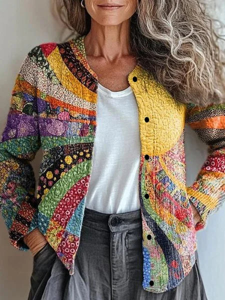 Multicolor 3D-print cardigan with open front, long sleeves, and black button closure