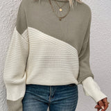 Olive green and white color-block pullover sweater with long sleeves and crew neck