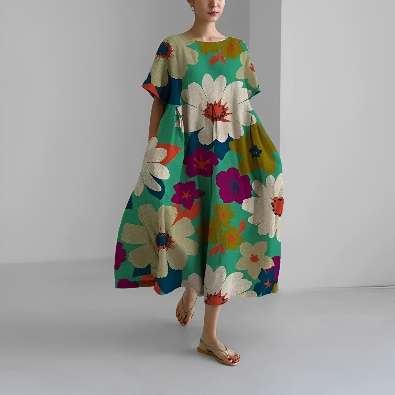 Women's floral dress, cream base with colorful big flower and leaf print, midi length