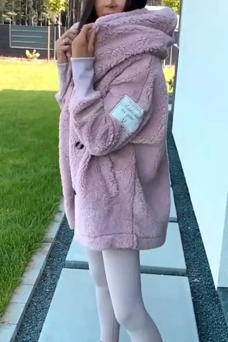 Plush hooded jacket, light lavender, long sleeves with button-front closure