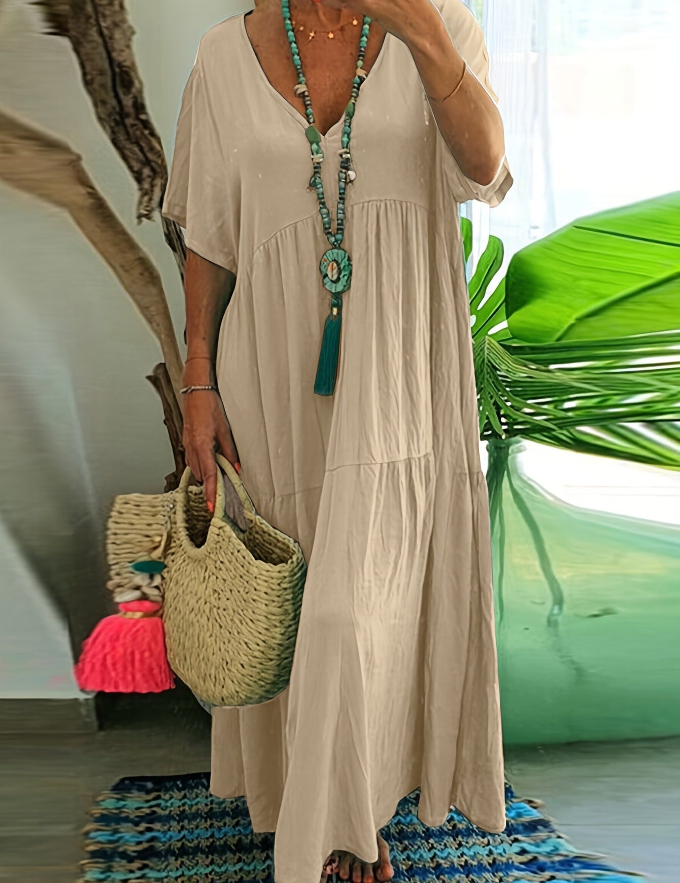 Plus size tummy control tiered ruffle maxi dress, light beige, short sleeves, V-neck