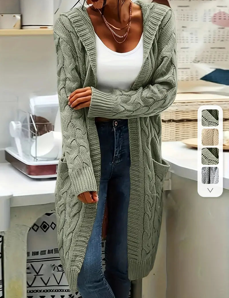 Mint green cable-knit long cardigan with open front and ribbed trim