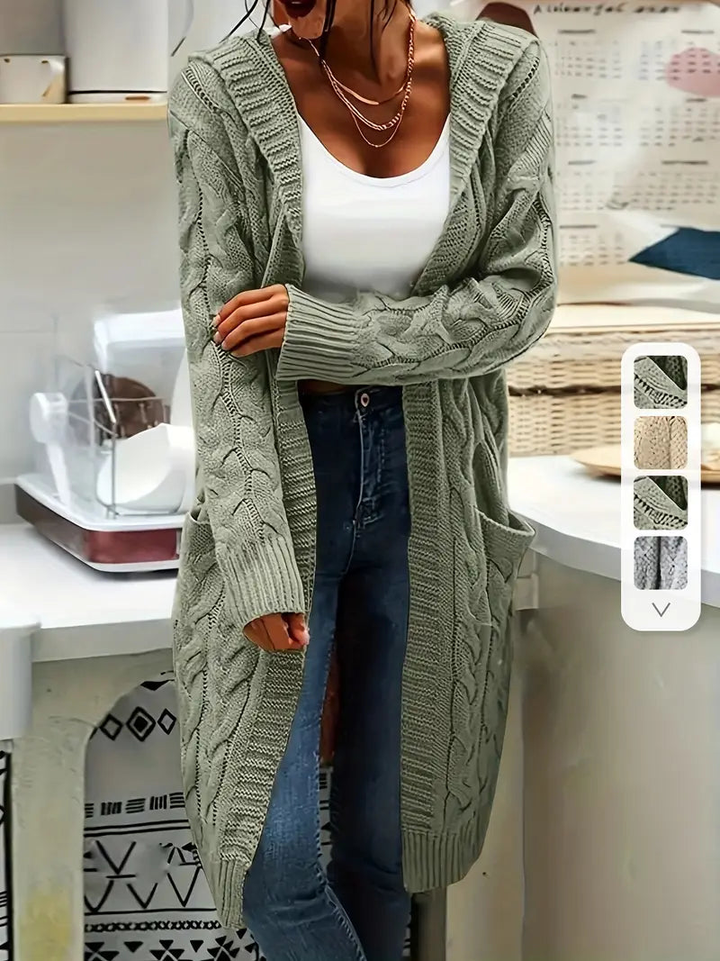 Mint green cable-knit long cardigan with open front and ribbed trim
