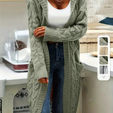 Mint green cable-knit long cardigan with open front and ribbed trim