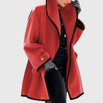 Maria™ red fleece jacket with black trim, open front, long sleeves, button cuff